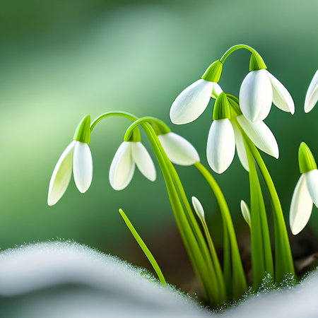Beautiful spring snowdrop flowers blooming in the forest. Nature backgroundの素材