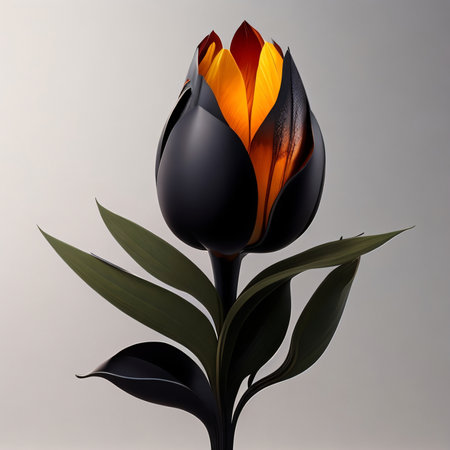 Black tulip on a gray background. 3D rendering. Computer digital drawing.の素材