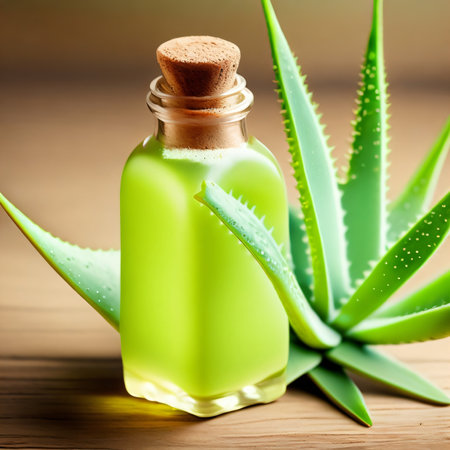 Aloe vera gel in glass bottle with aloe vera leaves.の素材