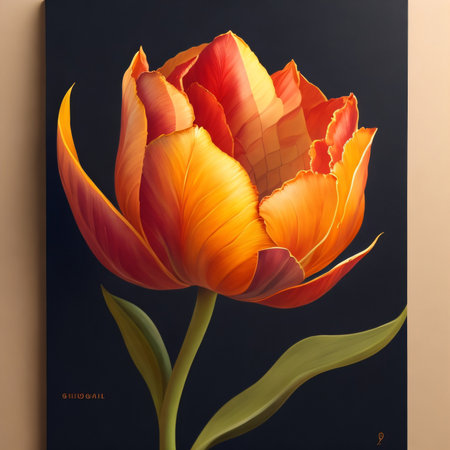 Orange tulip on a black background with a place for your textの素材
