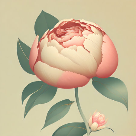Peony flower with leaves and buds in vintage style. Vector illustration.の素材