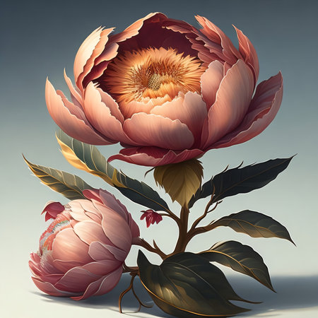 Peony flower on a gray background. 3D illustration. Vintage style.の素材