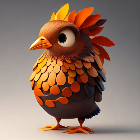 3D Illustration of a Colorful Chick with an Orange Backgroundの素材