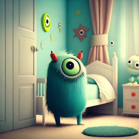 Funny monster in children's room. Halloween concept. 3D rendering.の素材