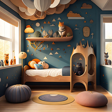 Children's room with a wooden bed and a cat. 3d rendering.の素材