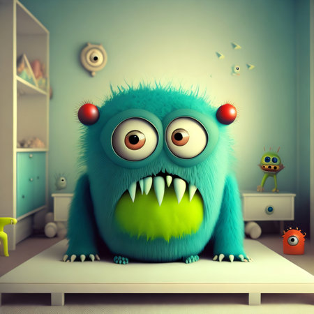 Funny monster in children's room. 3d render. Illustration.の素材
