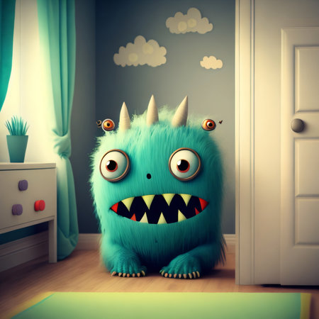 Funny monster in children's room. Halloween concept. 3D rendering.の素材