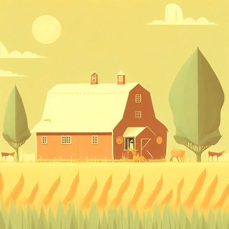 Vector illustration of rural landscape. Rural landscape with farm house and cows.の素材