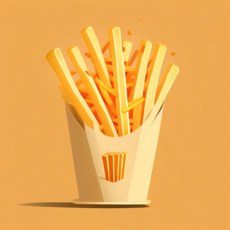 French fries in paper box on orange background. 3d illustration.の素材