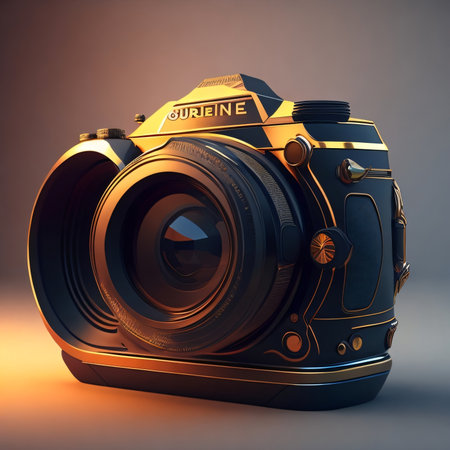 Modern DSLR camera on a dark background. 3d rendering.の素材