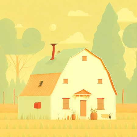Countryside landscape with farm house. Vector illustration in retro style.の素材