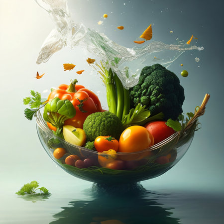 Fresh vegetables falling into glass bowl with water splash. Healthy food conceptの素材
