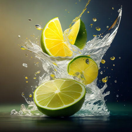 Lime and water splash on dark background. Citrus fruit.の素材