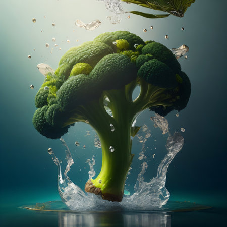 Fresh green broccoli with water splash on blue background. Healthy food conceptの素材