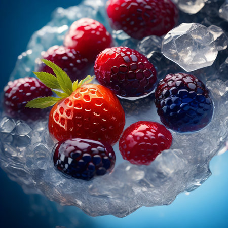 Berries in ice cube on blue background. Shallow dof.の素材