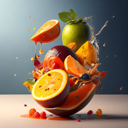 Fruit and berries splashing in a bowl. 3d renderingの素材