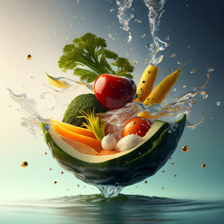 Fruits and vegetables in water splash. Healthy food concept. 3d renderingの素材