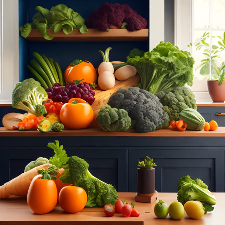 Composition with variety of fresh vegetables on wooden shelves in the kitchenの素材