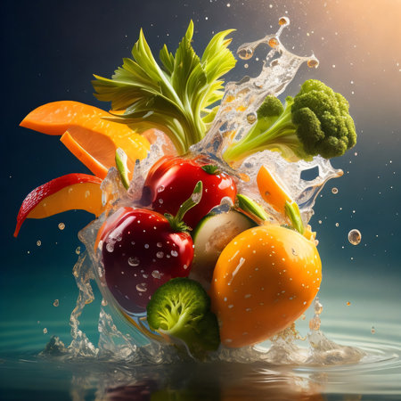 Fruits and vegetables splashing into water with splash on dark backgroundの素材