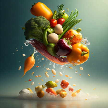 Fresh vegetables levitating in the air. Healthy food concept. 3d renderingの素材