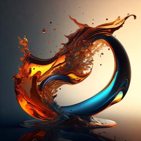 Splash of orange and blue liquid on a dark background. 3d renderingの素材
