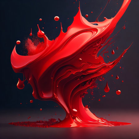 3d illustration of red paint splashing isolated on black background.の素材