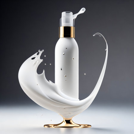 cosmetic cream or lotion in a glass bottle with splash on a grey backgroundの素材