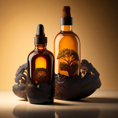 Essential oil in a glass bottle with a cork on a brown backgroundの素材