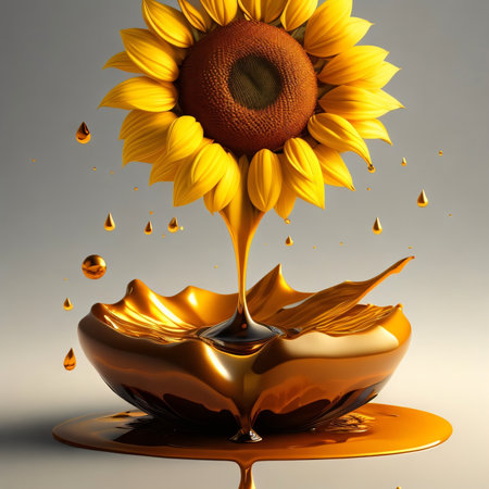 3d render of a sunflower falling into a bowl of honeyの素材