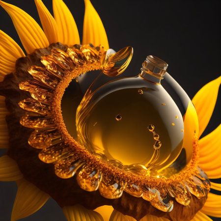 Sunflower oil in a bottle on a black background. 3d illustrationの素材