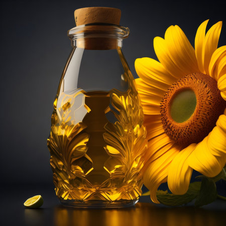 Sunflower oil in a bottle and sunflower on a black backgroundの素材