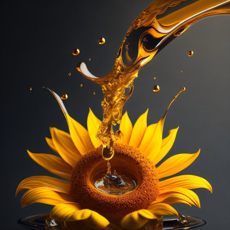 Sunflower oil splash on a dark background. 3d rendering.の素材