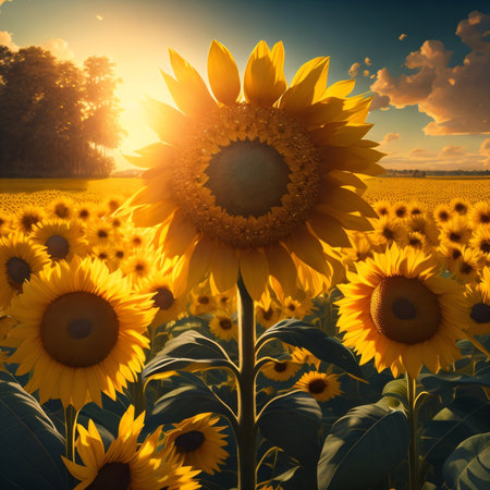 Sunflower field at sunset. Summer landscape. Sunflower blooming.の素材