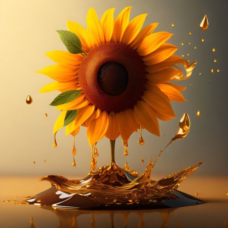 3d illustration of sunflower with water drops on a gold backgroundの素材