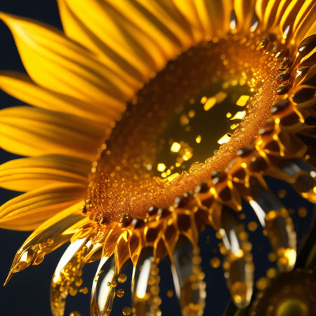 Sunflower with water drops on a dark background. Close-up.の素材