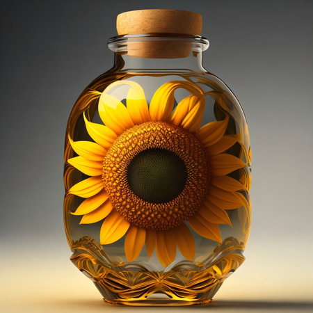 Sunflower in a glass jar on a gray background. 3d renderの素材