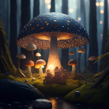 Fantasy mushroom in the dark forest. 3D rendering illustration.の素材
