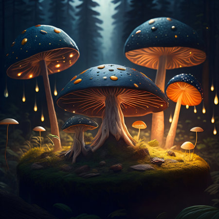 Fantasy landscape with mushrooms in the forest. 3D illustration.の素材