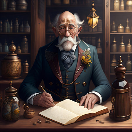 Portrait of an old man apothecary with a book in his hands.の素材