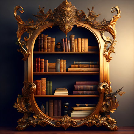 Antique bookshelf with books and decorations. 3d renderingの素材
