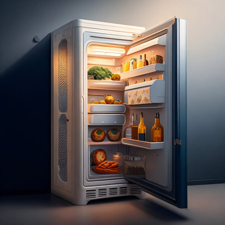 Refrigerator with food inside. 3D rendering. Toned image.の素材