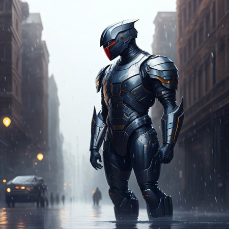 Cyborg in the rain. 3D rendering. Cyberpunk style.の素材