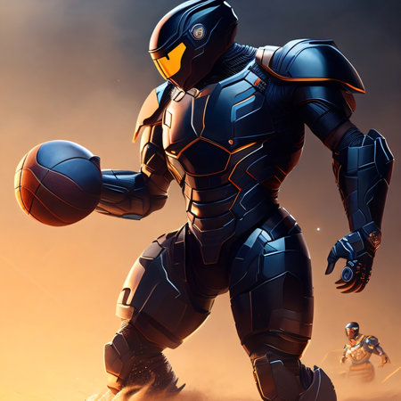 Cyborg with a basketball in his hands. 3D rendering.の素材
