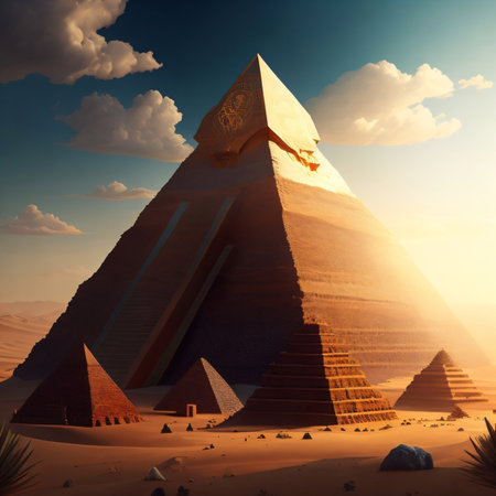Egyptian pyramids in the desert. 3d rendering. Computer digital drawing.の素材
