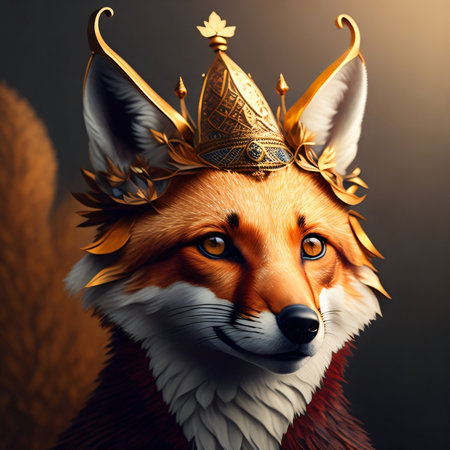 Portrait of a fox with a crown on his head. 3D rendering.の素材