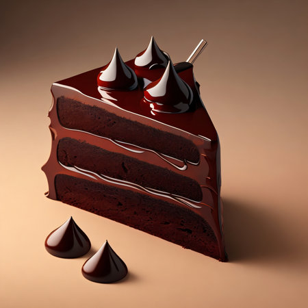 Chocolate cake with chocolate sauce on a brown background. 3d renderingの素材
