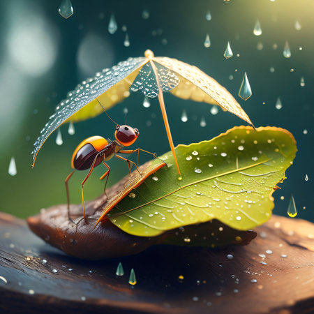 Ants on a leaf with rain drops. 3D illustration.の素材