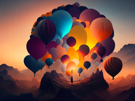Hot air balloons flying in the sky. Colorful 3d illustrationの素材