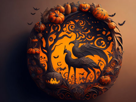 Halloween pumpkins and birds on dark background. 3d illustrationの素材