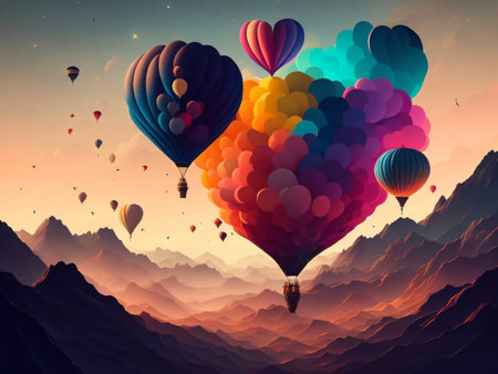 Hot air balloons flying in the sky. Colorful vector illustration.の素材